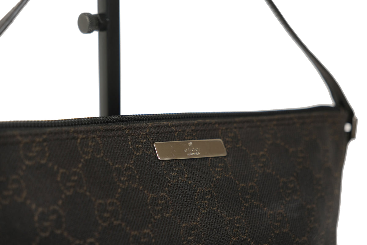 Gucci Boat Pochette in dark monogram canvas, angled front view